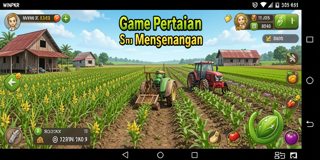 Tangkapan layar dari gameplay <strong>WINPKR</strong>, menunjukkan petani yang sedang merawat tanaman.